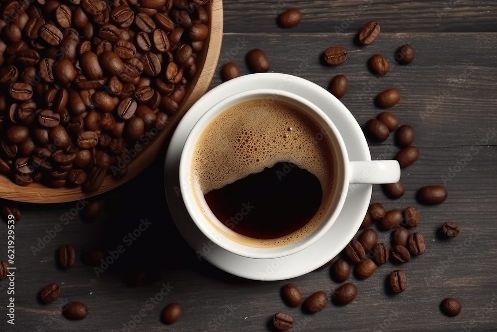 a cup of coffee on the table with the coffee beans a cup of coffee on the table with the coffee beans