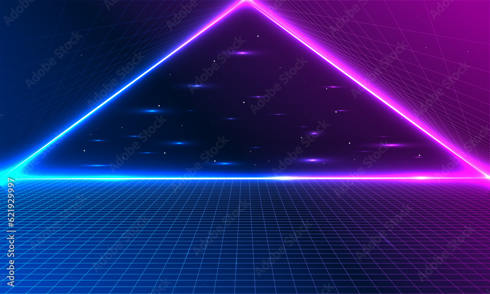Fototapeta premium 80s Retro Sci-Fi Background Futuristic Grid landscape. Digital cyber surface style of the 1980`s. Double infinite grid and lights forward. Synthwave wireframe net illustration. 80s, 90s cyber grid