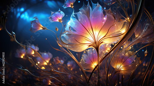 Close up Abstract, fantasy flowers with luminescent lighting within the flowers at night