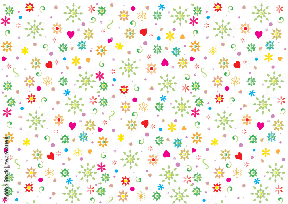 Floral seamless pattern with small flowers. Summer patterned background with small flowers and hearts pattern for wrapping paper or fabric.