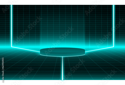 Futuristic neon podium scene template for product presentation with abstract geometric backdrop, realistic modern pedestal mockup vector 