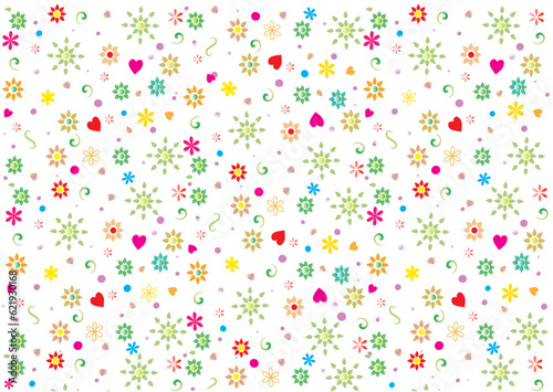 Floral seamless pattern with small flowers. Summer patterned background with small flowers and hearts pattern for wrapping paper or fabric.