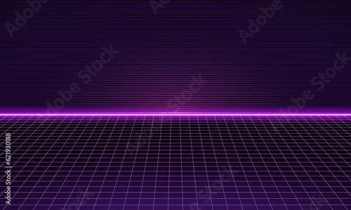 80s Retro Sci-Fi Background Futuristic Grid landscape. Digital cyber surface style of the 1980`s. Double infinite grid and lights forward. Synthwave wireframe net illustration.  80s, 90s cyber grid