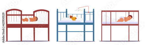 Baby Characters Sleeps Peacefully In A Secure Cot, Surrounded By Soft Bedding And A Comforting Environment