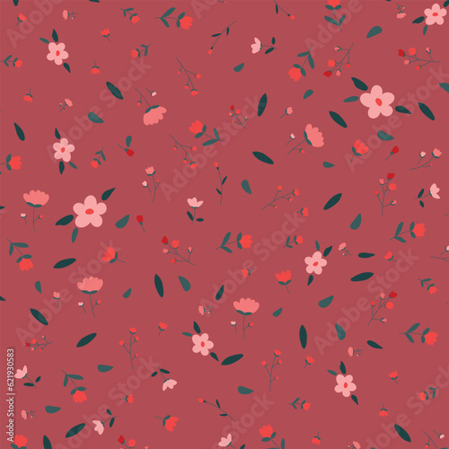 Seamless pattern with flowers on red background. Vector