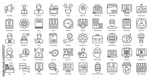 Workaholic Thin Line Icons Work Job Burnout Icon Set in Outline Style 50 Vector Icons in Black 