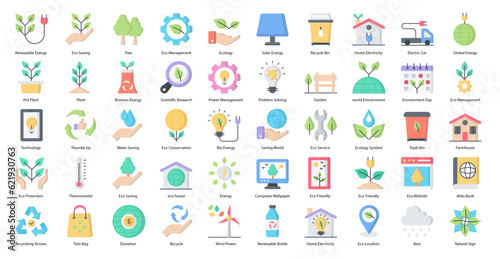 Environment Flat Icons Eco Ecology Plant Icon Set in Color Style 50 Vector Icons 