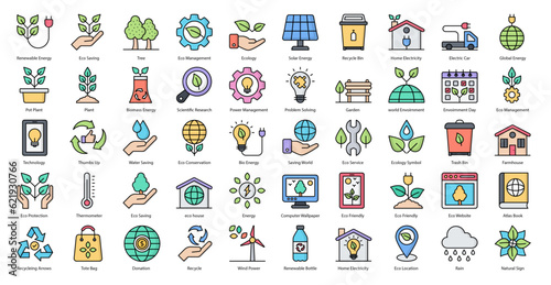 Environment Color Line Icons Eco Ecology Plant Icon Set in Filled Outline Style 50 Vector Icons