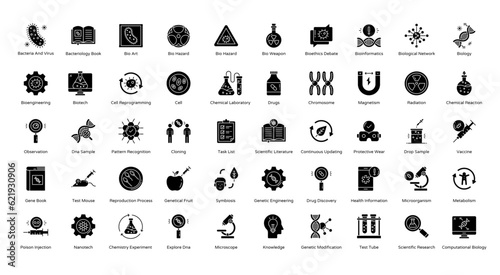 Bioengineering Glyph Icons Biology Cell Chromosome Icon Set in Glyph Style 50 Vector Icons in Black	