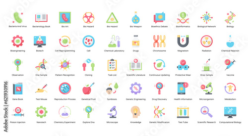 Bioengineering Flat Icons Biology Cell Chromosome Icon Set in Color Style 50 Vector Icons