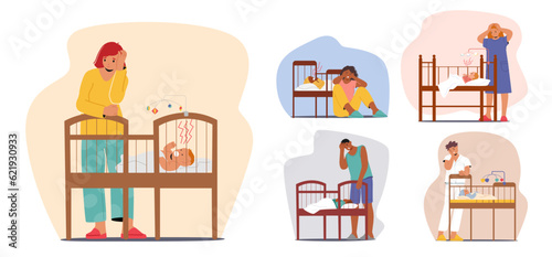Exhausted Parents Characters Experiencing Postpartum Depression, Struggling With Emotional Challenges After Childbirth