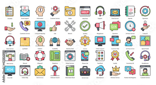 Customer Service Color Line Icons Support Helpline Icon Set in Filled Outline Style 50 Vector Icons
