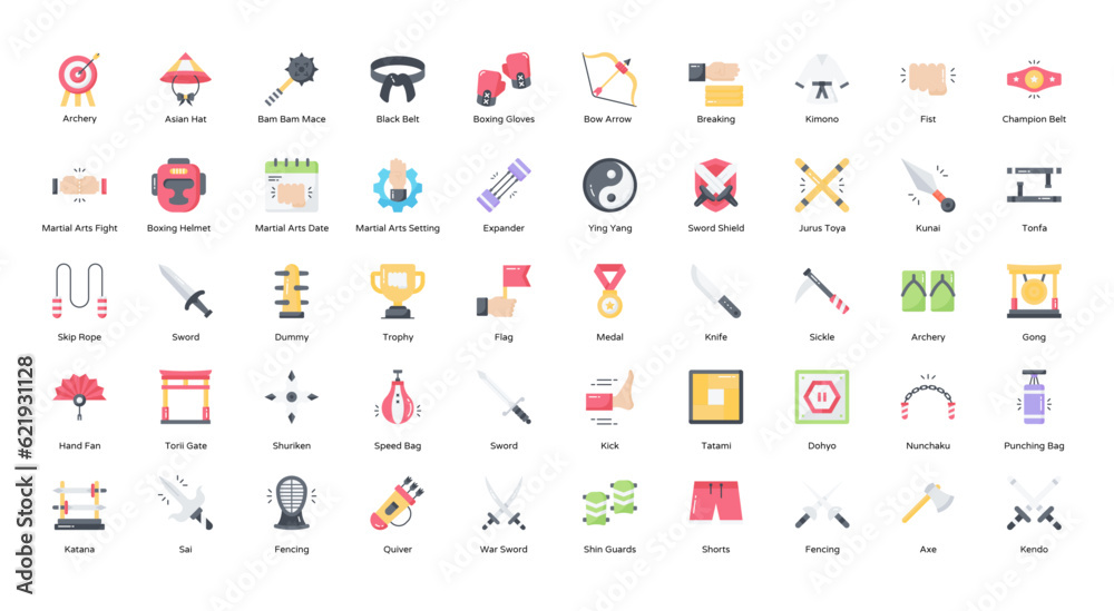 Fototapeta premium Martial Arts Flat Icons MMA Sport Fencing Boxing Icon Set in Color Style 50 Vector Icons