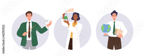 Isolated set of professional school educator cartoon characters round icon avatar composition