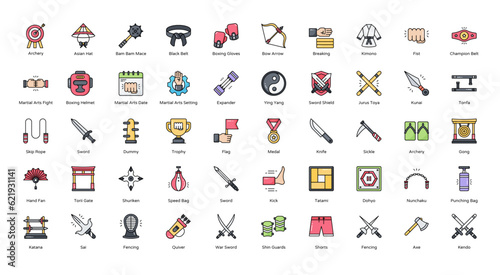 Martial Arts Color Line Icons MMA Sport Fencing Boxing Icon Set in Filled Outline Style 50 Vector Icons