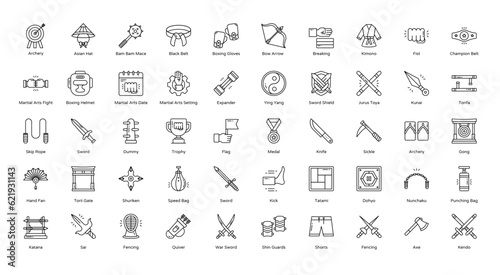 Martial Arts Thin Line Icons MMA Sport Fencing Boxing Icon Set in Outline Style 50 Vector Icons in Black