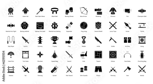 Martial Arts Glyph Icons MMA Sport Fencing Boxing Icon Set in Glyph Style 50 Vector Icons in Black