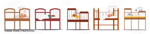 Distressed Infant Characters In Crib, Expressing Emotion Through Tears. Seeking Comfort And Attention From Caregivers