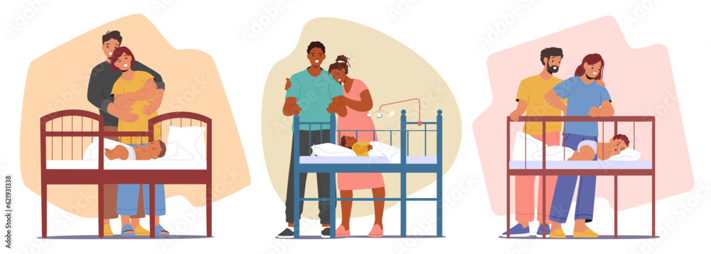 Joyful Parents Characters Gazing At Their Peacefully Sleeping Baby In The Cot, Cherishing The Precious Moments