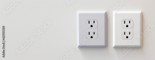 White plastic outlet on gray wall background with copy space. Creative banner template for electrical company, master electrician. Generative AI.