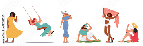 Stunning Women In Stylish Summer Attire, Radiating Beauty With Colorful Dresses, Trendy Hats, And Fashionable Sandals