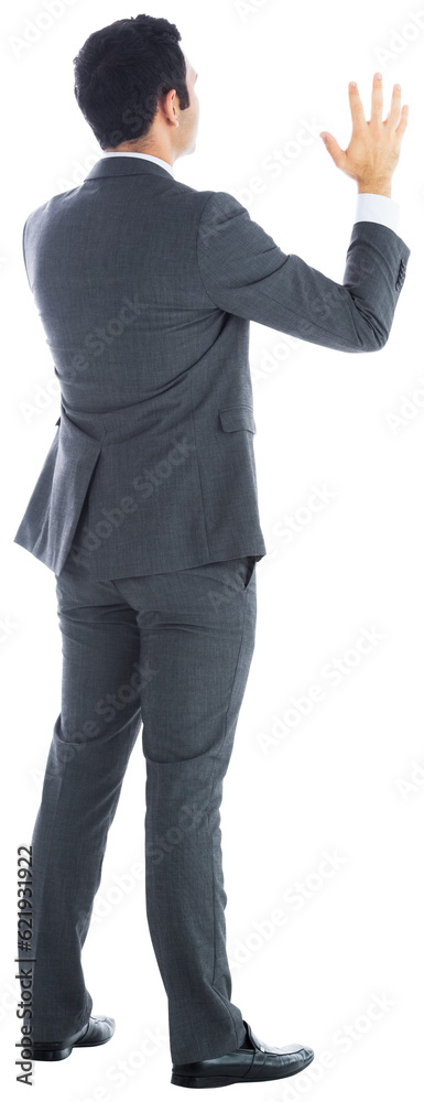 Digital png photo of back view of asian businessman raising hand on transparent background Digital png photo of back view of asian businessman raising hand on transparent background