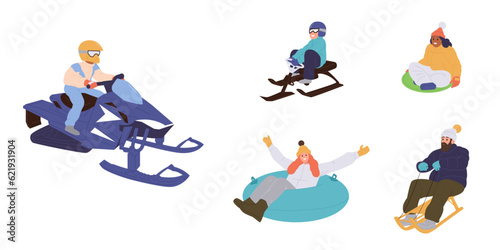 Set of happy people of different age enjoying outdoor winter activates and extreme sport recreation