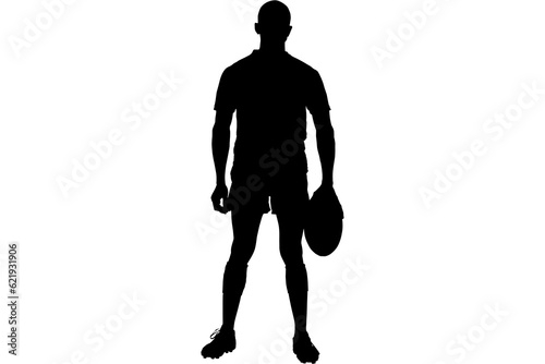Digital png silhouette image of male rugby player on transparent background