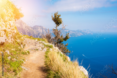 Scenic coastal path along sea on Amalfi coast in Italy