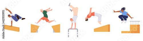 Isolated set of parkour free runners young people community, teenager sportsman overcoming obstacle