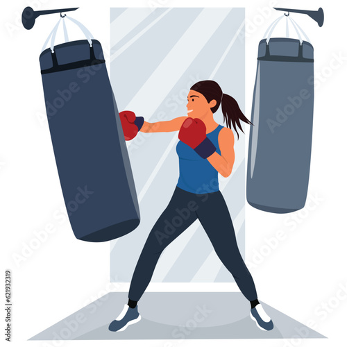 Flat Vector female character in red boxing gloves hitting punching bag training hit