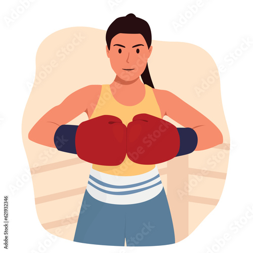 Flat Vector female character in red boxing gloves poses ready to fight