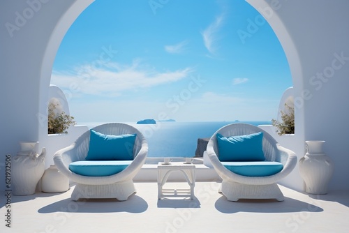 A row of chaise lounge chairs sitting on top of a white building. AI