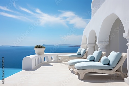 A row of chaise lounge chairs sitting on top of a white building. AI
