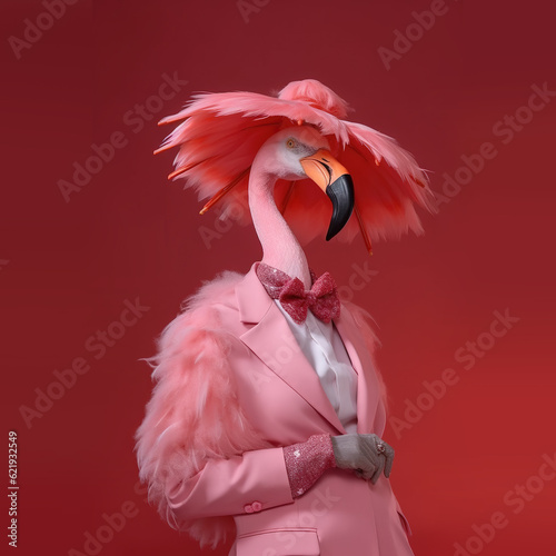 Abstract portrait of a flamingo in pink suit, with pink hat. Fashion, summer, fun concept. Ai generative. illustration