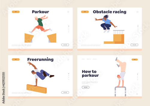 Isolated set of landing page design template for parkour club, freerunner community sportive people