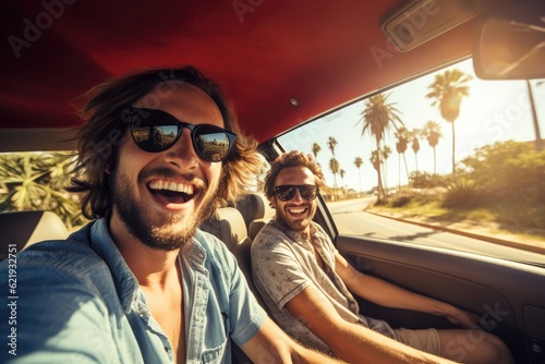 Two friends in car driving on road, having road trip, palm trees around. AI Generative