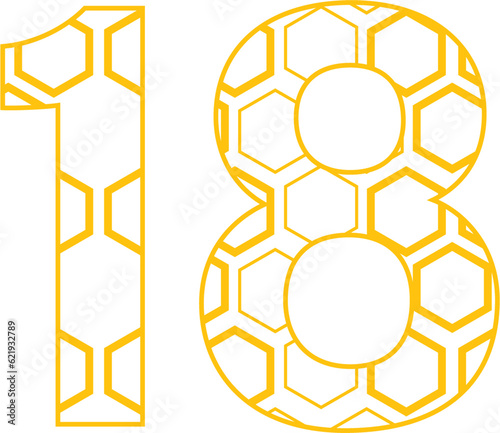 Digital png illustration of yellow 18 number with pattern on transparent background