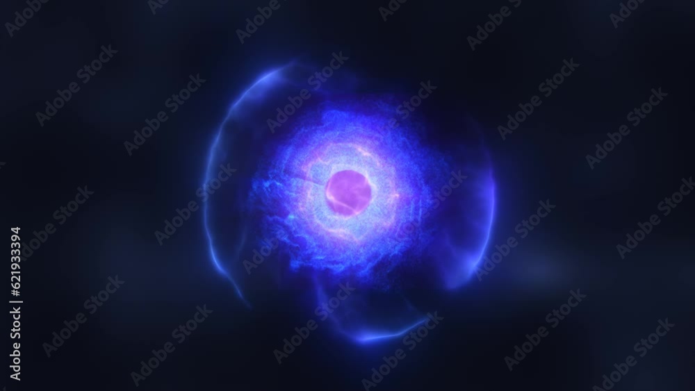 Abstract energy blue sphere atom with electrons flying glowing particles and magic field, science futuristic hi-tech background Abstract energy blue sphere atom with electrons flying glowing particles and magic field, science futuristic hi-tech background