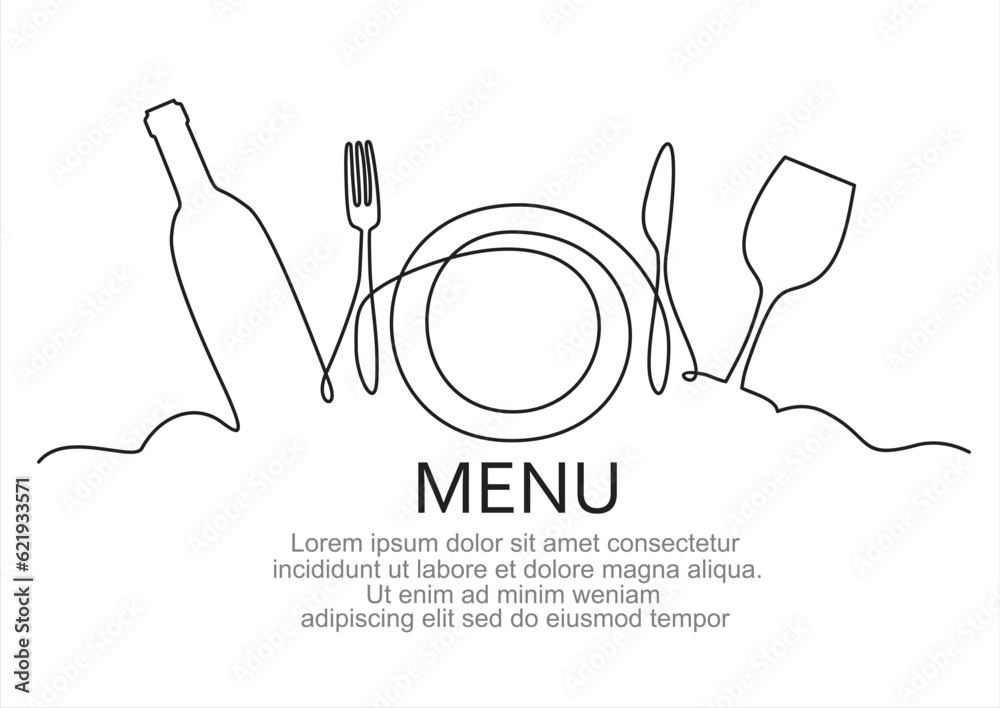 Continuous one single line drawing of plate, fork, knife, bottle of wine and glass. Menu food design. Vector illustration. - obrazy, fototapety, plakaty 