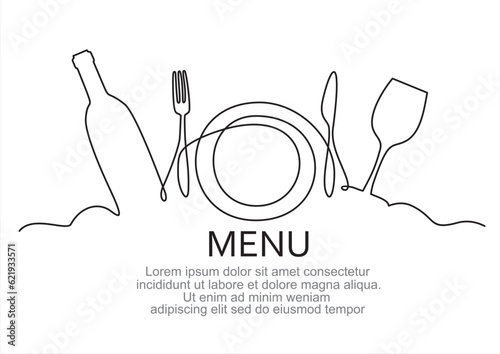 Fototapet Continuous one single line drawing of plate, fork, knife, bottle of wine and glass