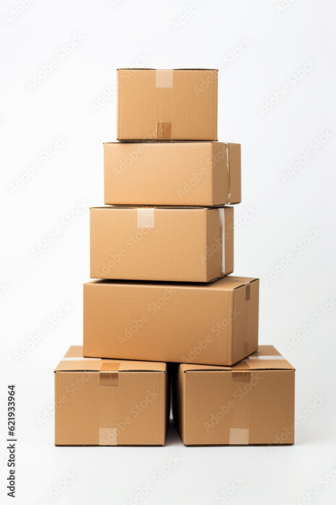 Fototapeta premium Stack of cardboard ail boxes on a white background. AI generated