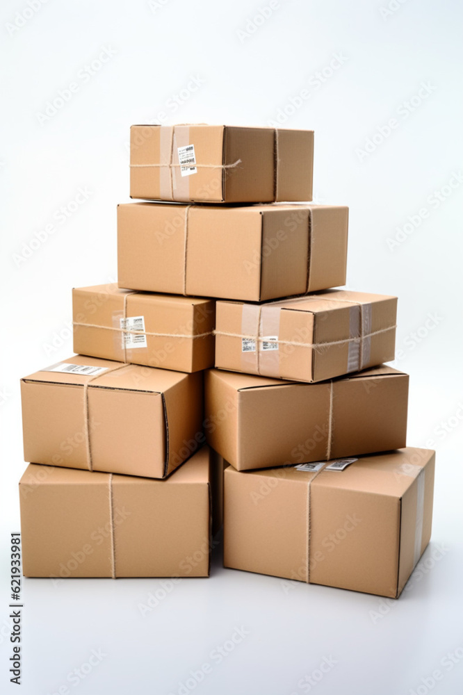 Obraz premium Stack of cardboard ail boxes on a white background. AI generated