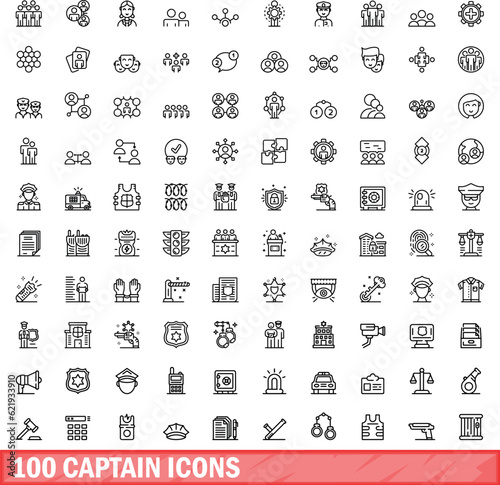 100 captain icons set. Outline illustration of 100 captain icons vector set isolated on white background