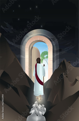 Matthew 7:14 Vector Bible illustration. But small is the gate and narrow the road that leads to life, and only a few find it. The Lord Jesus Christ the Good Shepherd. Sheep follow the shepherd. 