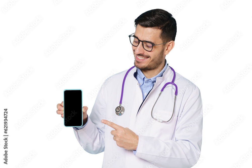 Young doctor in white robe and glasses, showing commercial offer on blank phone screen, pointing, smiling Young doctor in white robe and glasses, showing commercial offer on blank phone screen, pointing, smiling