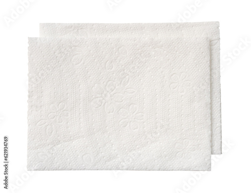 Top view of two folded pieces of white tissue paper or napkin in stack isolated on white background with clipping path in png file format