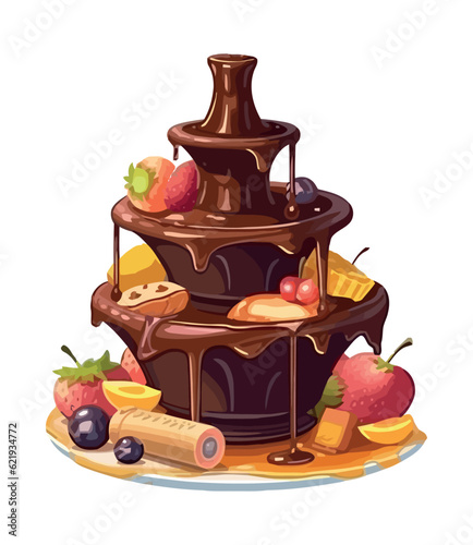 Sweet chocolate fountain with fresh strawberry cream