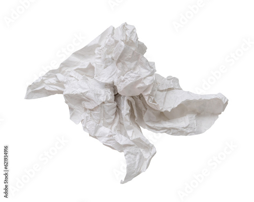 Single screwed or crumpled tissue paper or napkin in strange shape after use in toilet or restroom isolated on white background with clipping path in png file format.