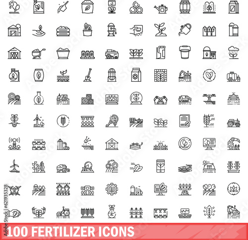 100 fertilizer icons set. Outline illustration of 100 fertilizer icons vector set isolated on white background